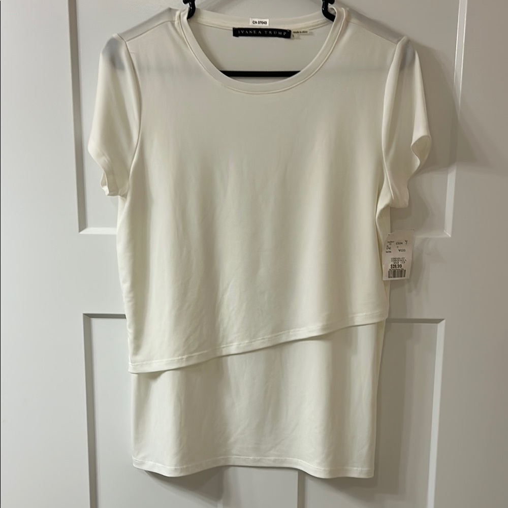 Ivanka Trump Cream Asymmetrical Short Sleeve Tee